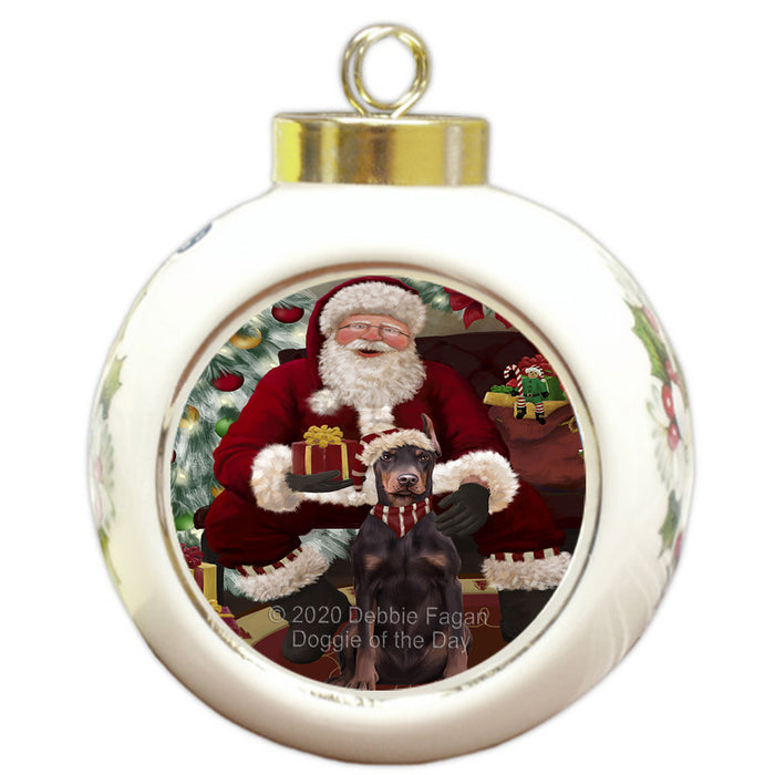 Santa's Christmas Surprise Doberman Dog Round Ball Christmas Ornament RBPOR58019