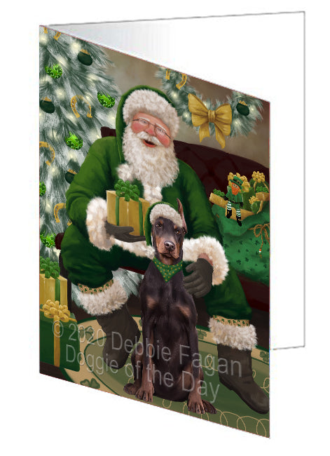 Christmas Irish Santa with Gift and Doberman Dog Handmade Artwork Assorted Pets Greeting Cards and Note Cards with Envelopes for All Occasions and Holiday Seasons GCD75833