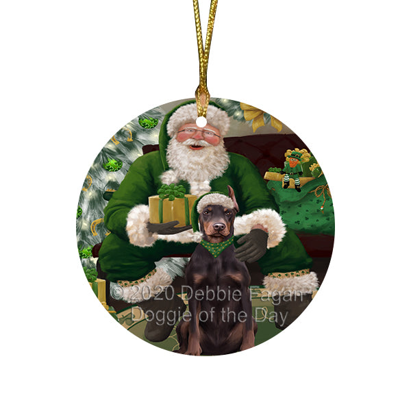 Christmas Irish Santa with Gift and Doberman Dog Round Flat Christmas Ornament RFPOR57921