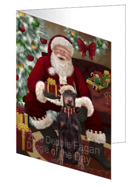 Santa's Christmas Surprise Doberman Dog Handmade Artwork Assorted Pets Greeting Cards and Note Cards with Envelopes for All Occasions and Holiday Seasons