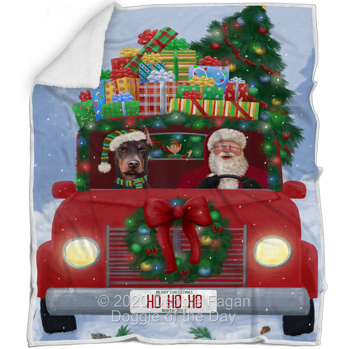 Christmas Honk Honk Red Truck Here Comes with Santa and Doberman Dog Blanket BLNKT140823