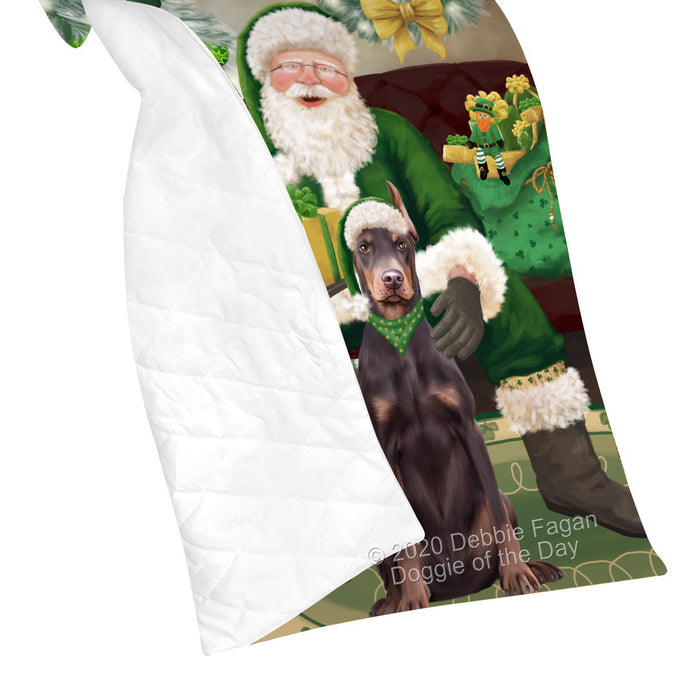 Christmas Irish Santa with Gift and Doberman Dog Quilt Bed Coverlet Bedspread - Pets Comforter Unique One-side Animal Printing - Soft Lightweight Durable Washable Polyester Quilt