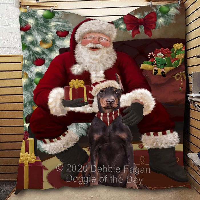Santa's Christmas Surprise Doberman Dog Quilt Bed Coverlet Bedspread - Pets Comforter Unique One-side Animal Printing - Soft Lightweight Durable Washable Polyester Quilt