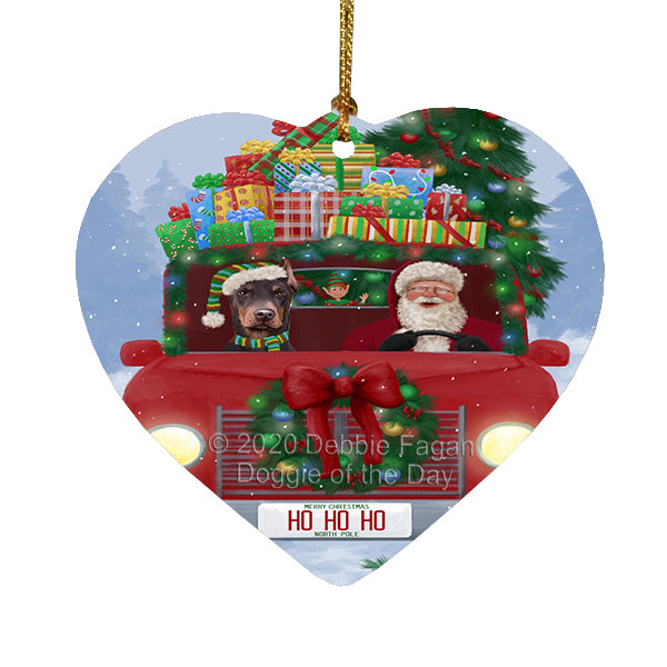 Christmas Honk Honk Red Truck Here Comes with Santa and Doberman Dog Heart Christmas Ornament RFPOR58165