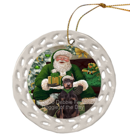 Christmas Irish Santa with Gift and Doberman Dog Doily Ornament DPOR59483