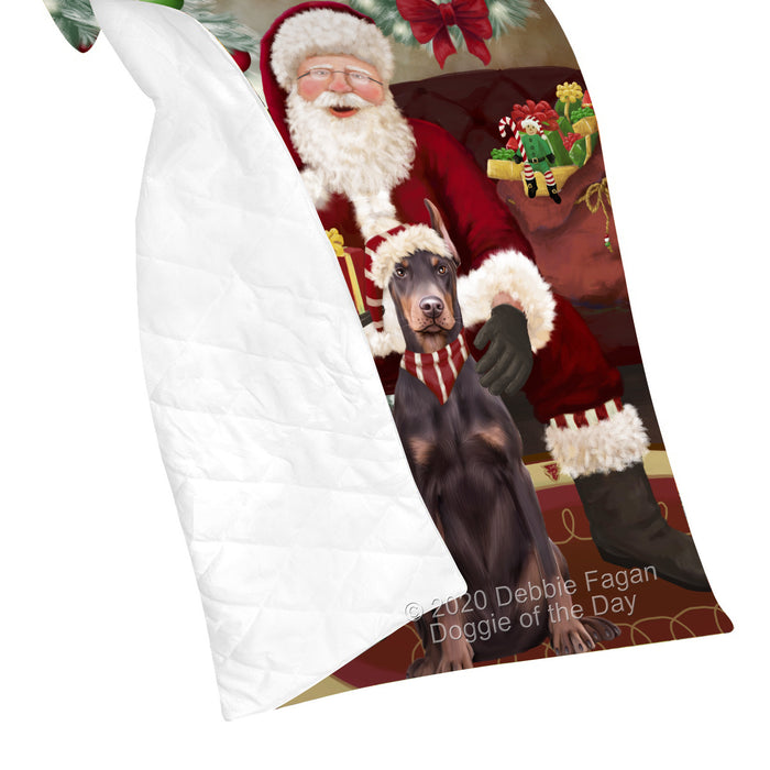 Santa's Christmas Surprise Doberman Dog Quilt Bed Coverlet Bedspread - Pets Comforter Unique One-side Animal Printing - Soft Lightweight Durable Washable Polyester Quilt