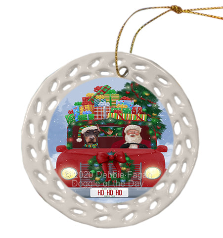 Christmas Honk Honk Red Truck with Santa and Doberman Dog Doily Ornament DPOR59342