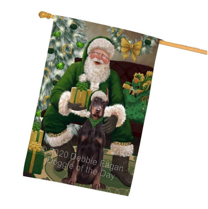 Christmas Irish Santa with Gift and Doberman Dog House Flag FLG66693