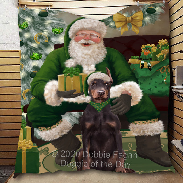 Christmas Irish Santa with Gift and Doberman Dog Quilt Bed Coverlet Bedspread - Pets Comforter Unique One-side Animal Printing - Soft Lightweight Durable Washable Polyester Quilt