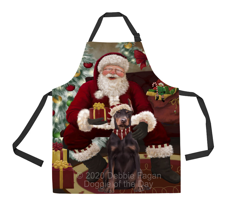 Santa's Christmas Surprise Doberman Dog Apron - Adjustable Long Neck Bib for Adults - Waterproof Polyester Fabric With 2 Pockets - Chef Apron for Cooking, Dish Washing, Gardening, and Pet Grooming