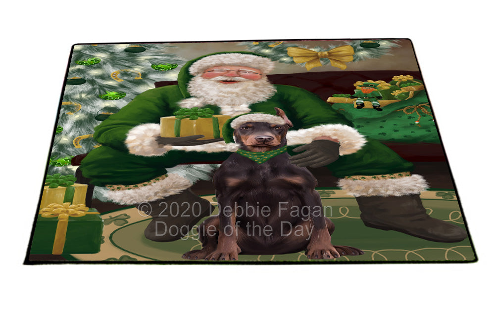 Christmas Irish Santa with Gift and Doberman Dog Indoor/Outdoor Welcome Floormat - Premium Quality Washable Anti-Slip Doormat Rug FLMS57136