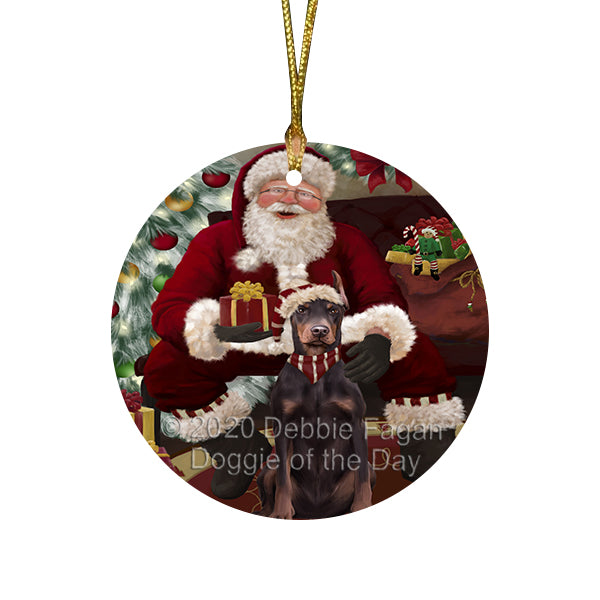 Santa's Christmas Surprise Doberman Dog Round Flat Christmas Ornament RFPOR58019