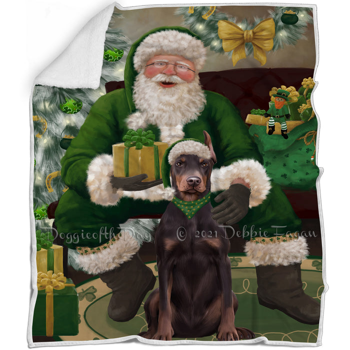 Christmas Irish Santa with Gift and Doberman Dog Blanket BLNKT141313