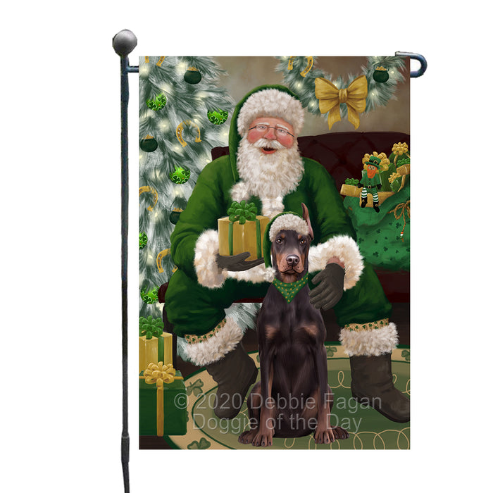 Christmas Irish Santa with Gift and Doberman Dog Garden Flag GFLG66637