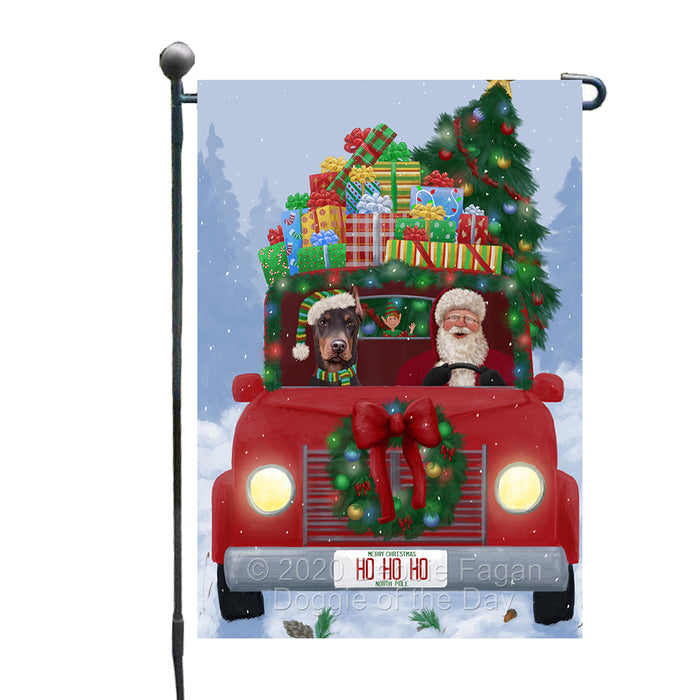 Christmas Honk Honk Red Truck Here Comes with Santa and Doberman Dog Garden Flag GFLG66539