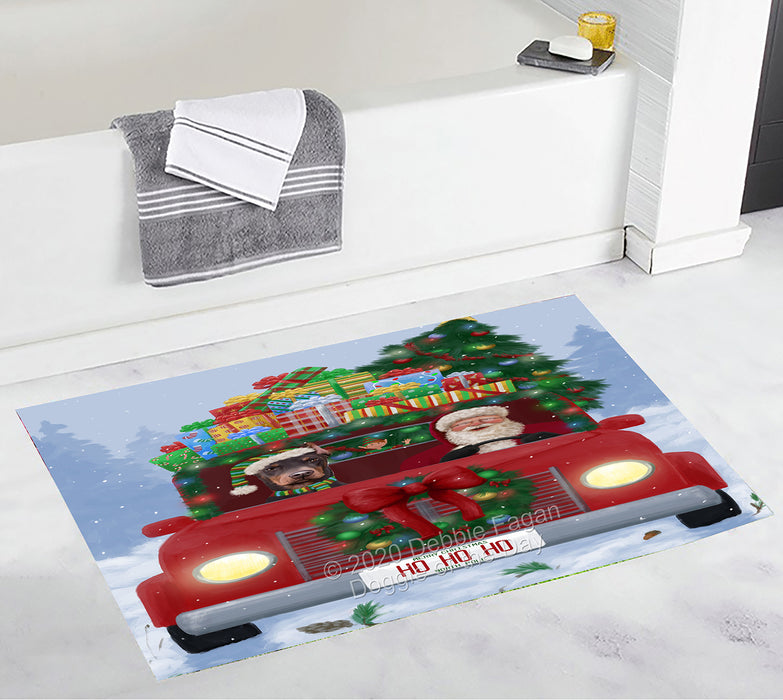 Christmas Honk Honk Red Truck Here Comes with Santa and Doberman Dog Bath Mat BRUG53725