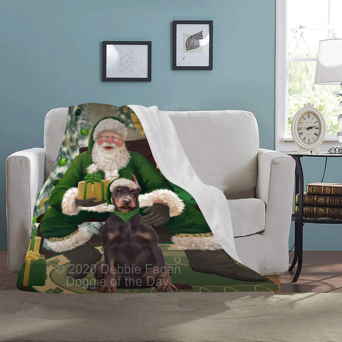 Christmas Irish Santa with Gift and Doberman Dog Blanket BLNKT141313