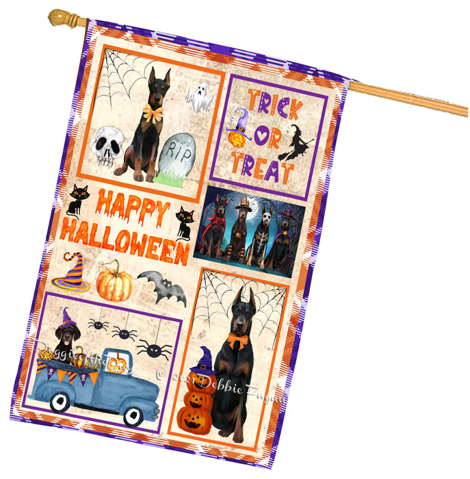 Happy Halloween Trick or Treat Doberman Dogs House Flag Outdoor Decorative Double Sided Pet Portrait Weather Resistant Premium Quality Animal Printed Home Decorative Flags 100% Polyester