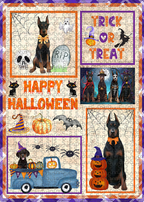 Happy Halloween Trick or Treat Doberman Dogs Portrait Jigsaw Puzzle for Adults Animal Interlocking Puzzle Game Unique Gift for Dog Lover's with Metal Tin Box