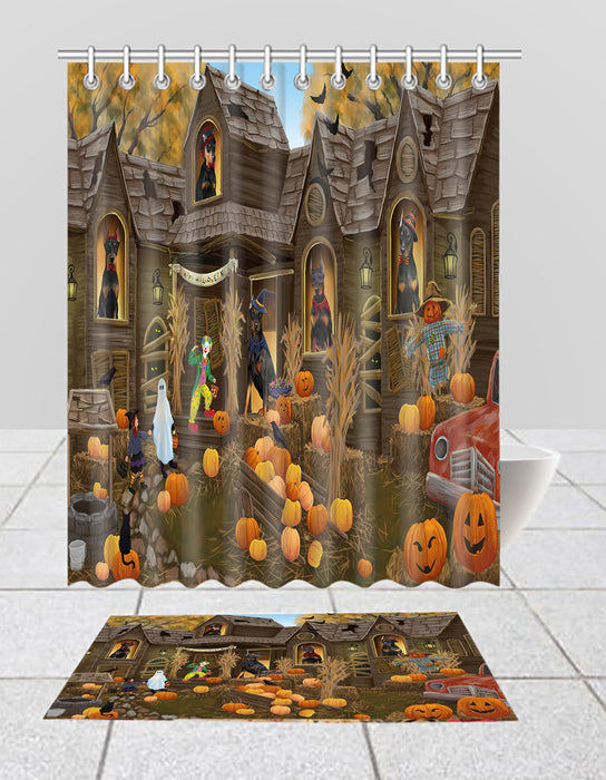 Haunted House Halloween Trick or Treat Doberman Dogs  Bath Mat and Shower Curtain Combo