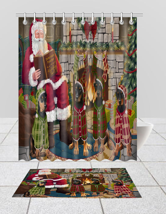Christmas Cozy Holiday Fire Tails Doberman Dogs Bath Mat and Shower Curtain Combo