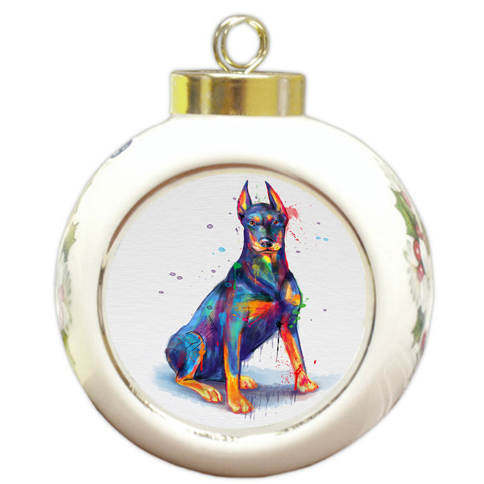 Watercolor Dobermann Dog Round Ball Christmas Ornament RBPOR58213