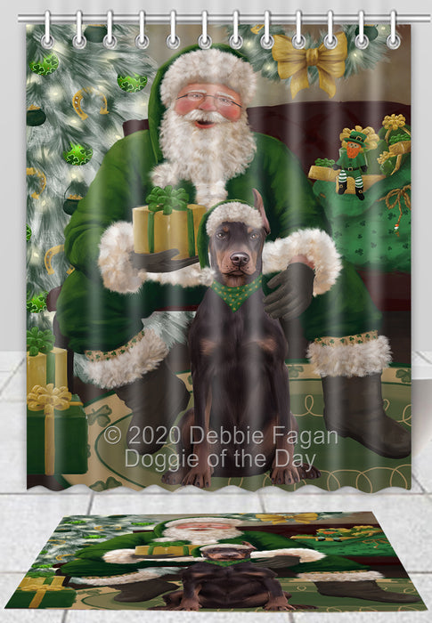 Christmas Irish Santa with Gift Doberman Dog Bath Mat and Shower Curtain Combo