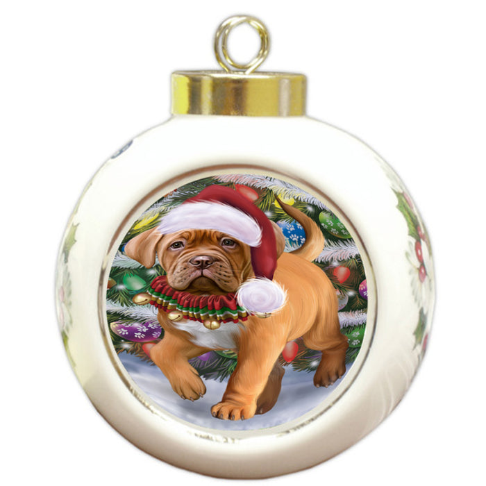 Trotting in the Snow Dogue De Bordeaux Dog Round Ball Christmas Ornament RBPOR58449