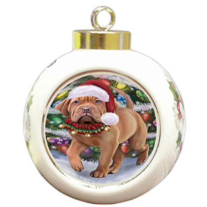 Trotting in the Snow Dogue De Bordeaux Dog Round Ball Christmas Ornament RBPOR58451