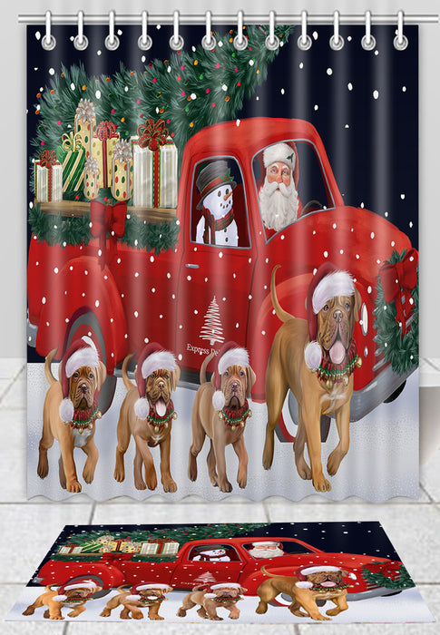 Christmas Express Delivery Red Truck Running Dogue de Bordeaux Dogs Bath Mat and Shower Curtain Combo