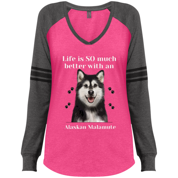 Ladies Game LS V-Neck T-Shirt Life is Better Alaskan Malamute Dog