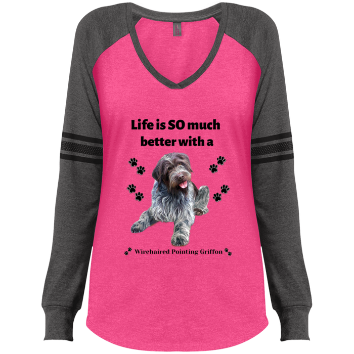 Ladies' Game LS V-Neck T-Shirt Life is Better Wirehaired Pointing Griffon Dog
