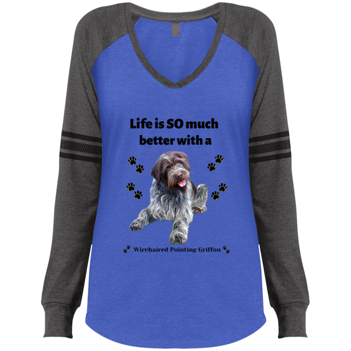 Ladies' Game LS V-Neck T-Shirt Life is Better Wirehaired Pointing Griffon Dog