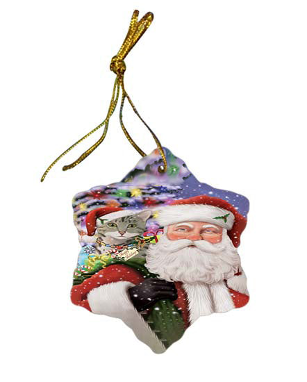 Santa Carrying Egyptian Mau Cat and Christmas Presents Star Porcelain Ornament SPOR55863