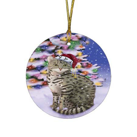 Winterland Wonderland Egyptian Mau Cat In Christmas Holiday Scenic Background Round Flat Christmas Ornament RFPOR56061
