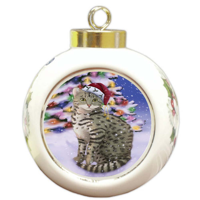 Winterland Wonderland Egyptian Mau Cat In Christmas Holiday Scenic Background Round Ball Christmas Ornament RBPOR56061