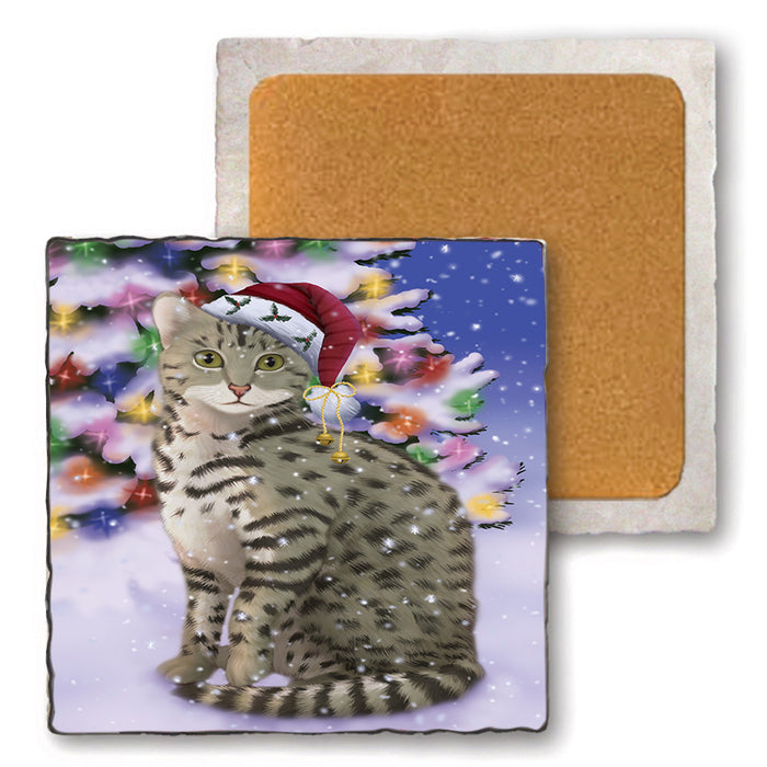 Winterland Wonderland Egyptian Mau Cat In Christmas Holiday Scenic Background Set of 4 Natural Stone Marble Tile Coasters MCST50705