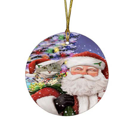 Santa Carrying Egyptian Mau Cat and Christmas Presents Round Flat Christmas Ornament RFPOR55863