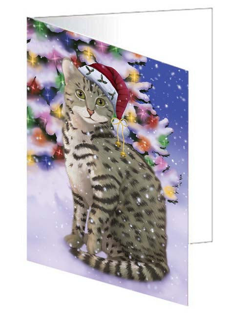 Winterland Wonderland Egyptian Mau Cat In Christmas Holiday Scenic Background Handmade Artwork Assorted Pets Greeting Cards and Note Cards with Envelopes for All Occasions and Holiday Seasons GCD71630