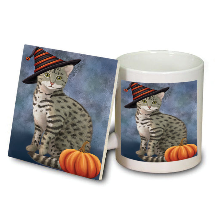 Happy Halloween Egyptian Mau Cat Wearing Witch Hat with Pumpkin Mug and Coaster Set MUC54892