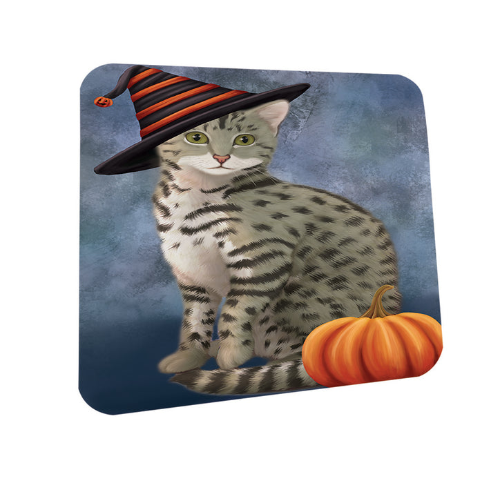 Happy Halloween Egyptian Mau Cat Wearing Witch Hat with Pumpkin Coasters Set of 4 CST54858