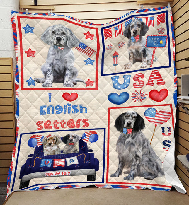4th of July Independence Day I Love USA English Setter Dogs Quilt Bed Coverlet Bedspread - Pets Comforter Unique One-side Animal Printing - Soft Lightweight Durable Washable Polyester Quilt