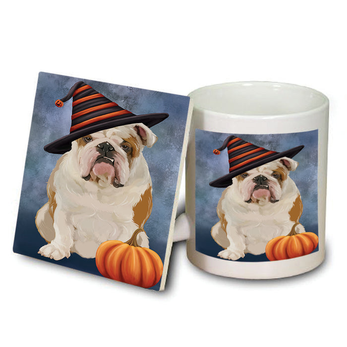 Happy Halloween English Bulldog Wearing Witch Hat with Pumpkin Mug and Coaster Set MUC54936