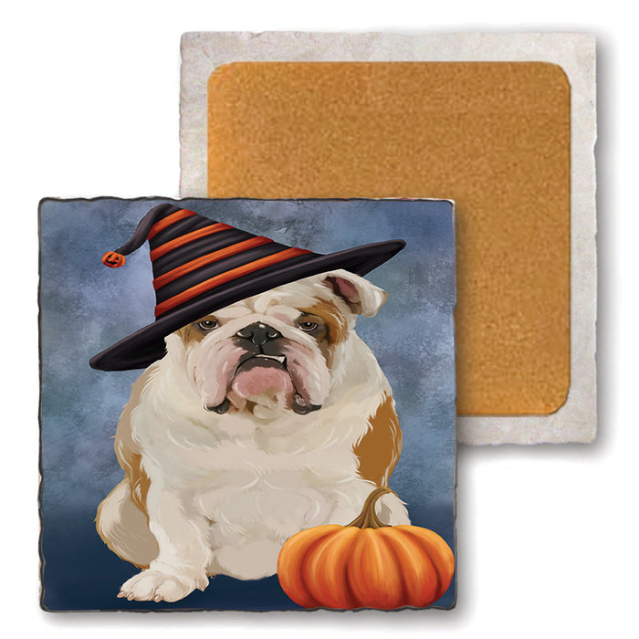Happy Halloween English Bulldog Wearing Witch Hat with Pumpkin Set of 4 Natural Stone Marble Tile Coasters MCST49944