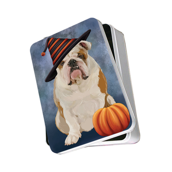 Happy Halloween English Bulldog Wearing Witch Hat with Pumpkin Photo Storage Tin PITN54887