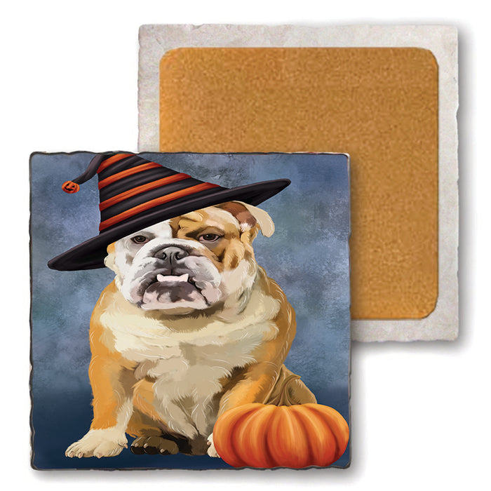 Happy Halloween English Bulldog Wearing Witch Hat with Pumpkin Set of 4 Natural Stone Marble Tile Coasters MCST49945