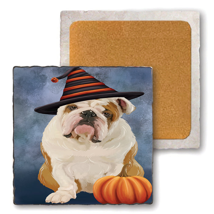 Happy Halloween English Bulldog Wearing Witch Hat with Pumpkin Set of 4 Natural Stone Marble Tile Coasters MCST49946