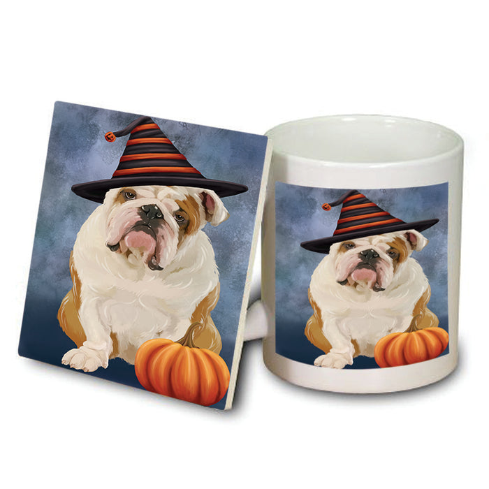 Happy Halloween English Bulldog Wearing Witch Hat with Pumpkin Mug and Coaster Set MUC54938