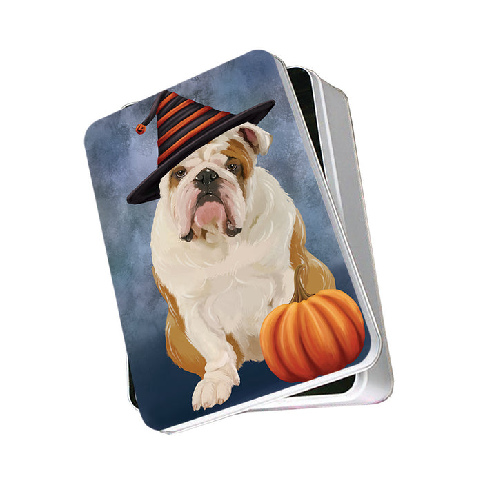 Happy Halloween English Bulldog Wearing Witch Hat with Pumpkin Photo Storage Tin PITN54889