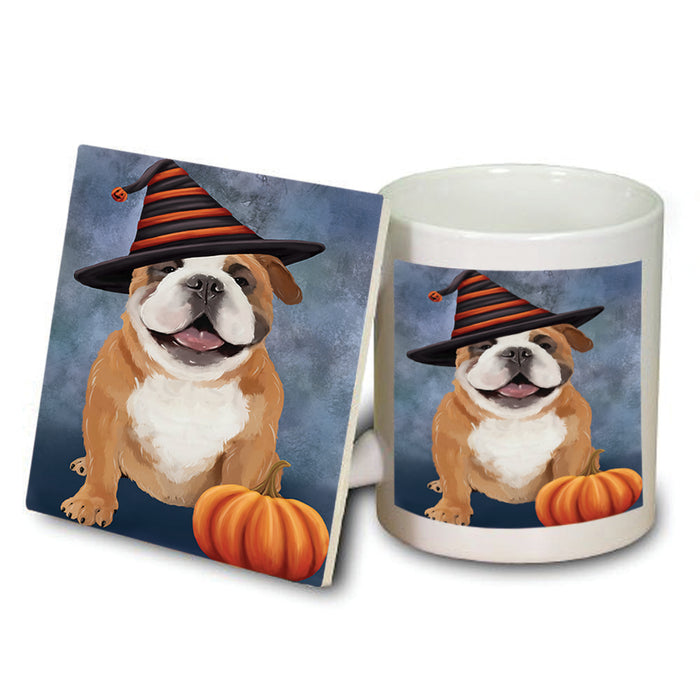 Happy Halloween English Bulldog Wearing Witch Hat with Pumpkin Mug and Coaster Set MUC54939